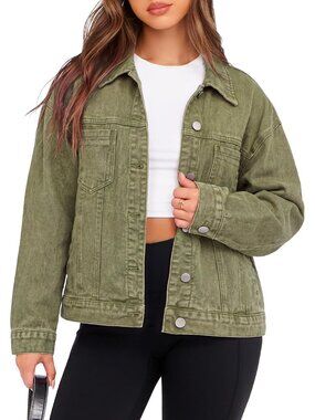 Women's Green Oversized Jean Jacket Casual Long Sleeve Button Down Denim Jacket